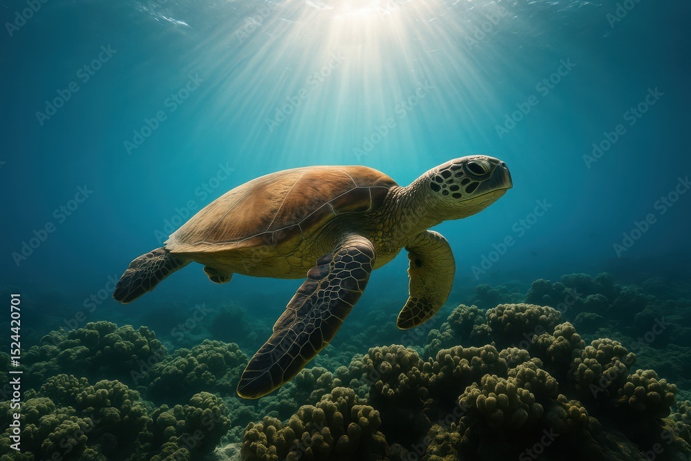 Fototapeta premium Majestic sea turtle gliding gracefully through a vibrant underwater paradise at midday