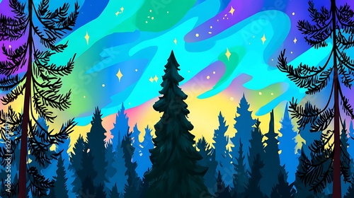 Forest silhouette beneath vibrant aurora borealis