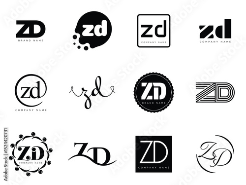 ZD logo company template. Letter z and d logotype. Set different classic serif lettering and modern bold text with design elements. Initial font typography.