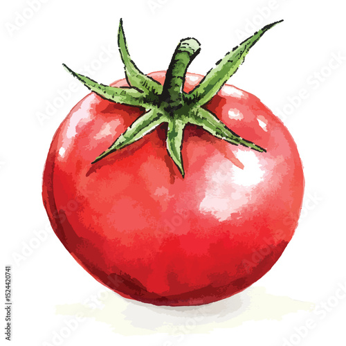 Watercolor style ripe tomato with vibrant red hues and green leafy stem