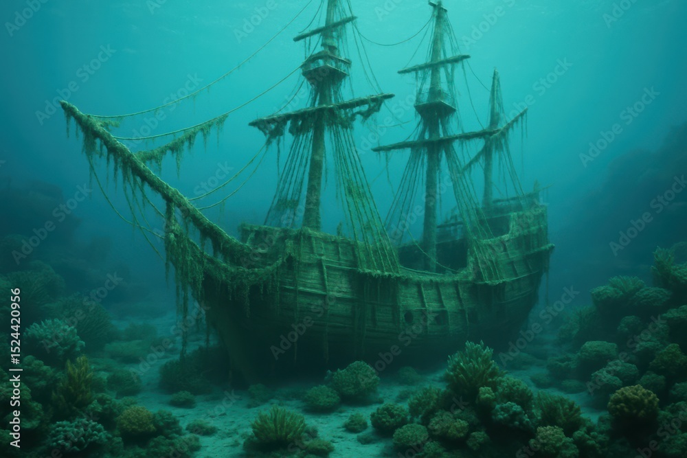 Obraz premium Sunken shipwreck embraced by vibrant coral reefs beneath the waves