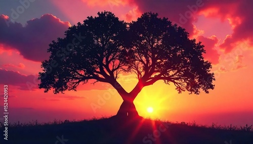 Silhouette of two intertwined trees against a vibrant sunset, representing the enduring bond of soulmates , symbolic, art, kindred spirits