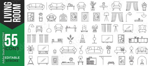 Living Room & Interior Icons Set – Editable Stroke Vector

