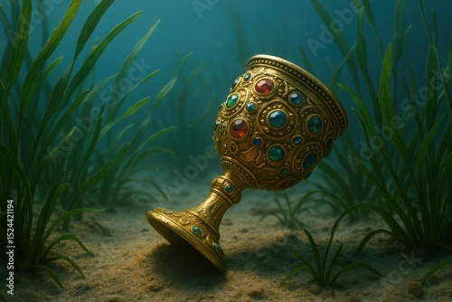 Golden chalice rests on the ocean floor among lush sea grasses, revealing hidden treasures of the deep blue sea