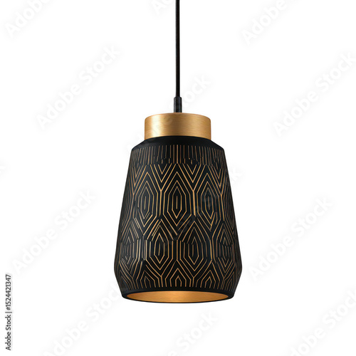 Modern geometric pendant lamp with intricate black and gold design hanging against a plain background, perfect for contemporary interior decor styles and ambiance