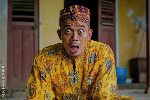high detail image of suprised man with melayu traditional clothes looking at camera
