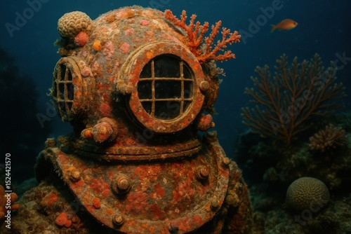 Diving into the depths of history, an old diving suit covered in marine life explores an underwater oasis rich in color and texture