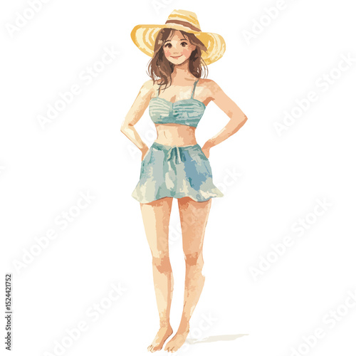 Watercolor style woman in blue summer outfit and straw hat full shot