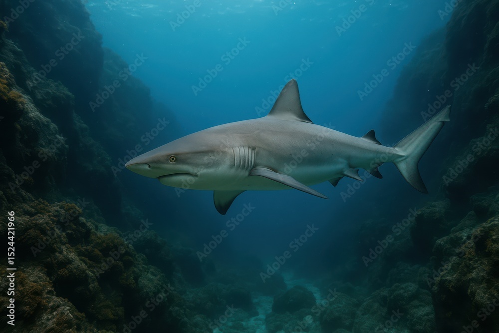 Fototapeta premium Majestic shark glides through the vibrant underwater world, showcasing its power and grace near coral reefs