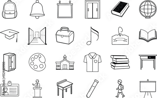 Education icons school, learning, books, bell, backpack, classroom
