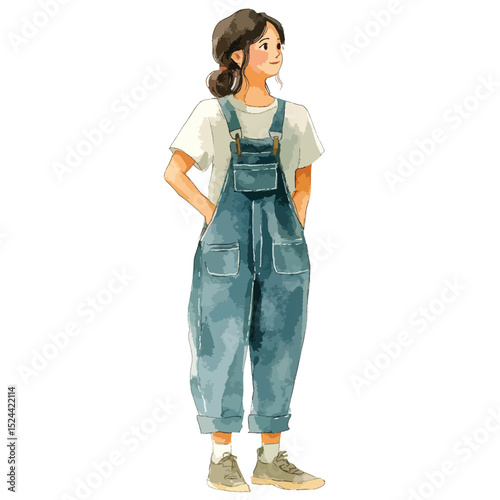 Watercolor Style Young Woman in Denim Overalls Looking Upward
