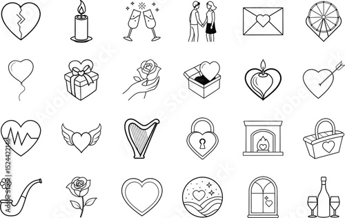 Romantic Love Icons Hearts, Roses, Gifts, and Couple Symbols
