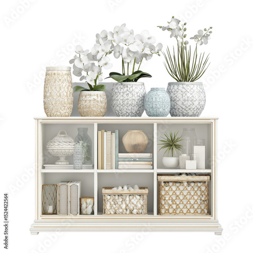 Elegant Home Shelf Display with Decorative Vases, Books, and Greenery in a Modern Living Space