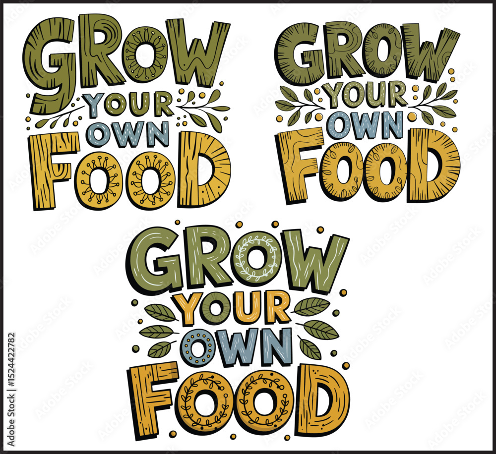 Obraz premium Grow Your Own Food - Gardening Typography Quote Vector Design Set