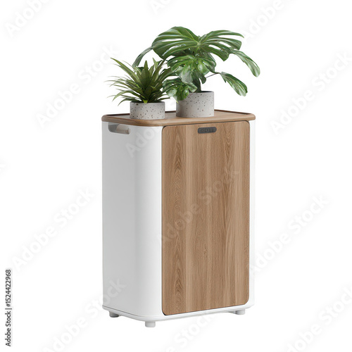 Modern Minimalist Refrigerator with Wooden Accents and Decorative Indoor Plants for Stylish Home and Kitchen Decor