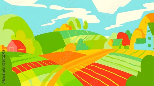 Vibrant stylized countryside landscape illustration art