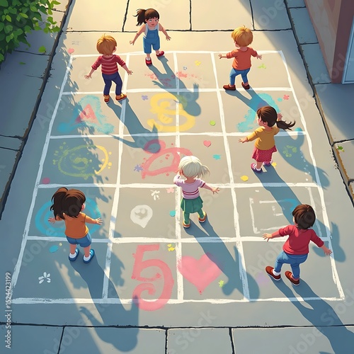 Children Play Hopscotch on the Pavement with Colorful Chalk Art