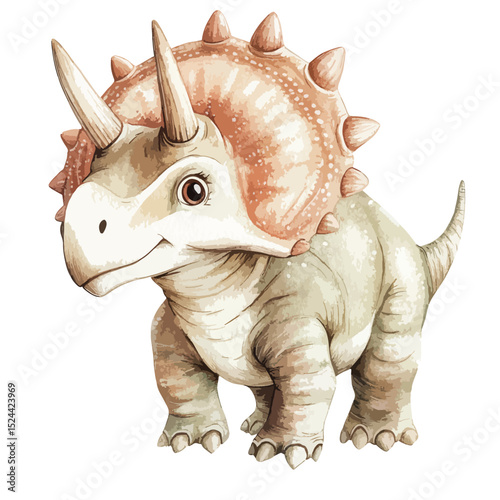 Watercolor Triceratops with Spiked Frill and Horns Cartoon Dinosaur