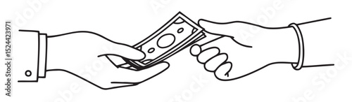 hands exchanging money, financial transaction, black and white, graphic illustration