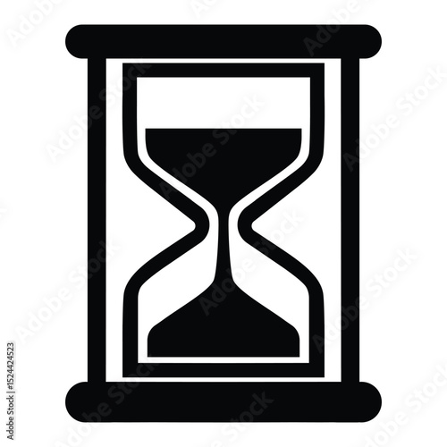 Minimalist black and white hourglass icon, isolated. Classic shape with two bulbs, narrow neck. Symbolizes time passing, time management. Clean, symbolic.