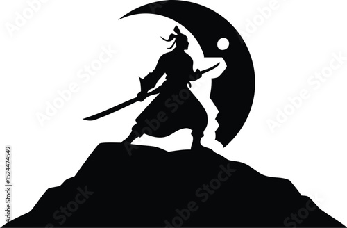 Samurai Warrior Silhouette on Mountain with Crescent Moon
