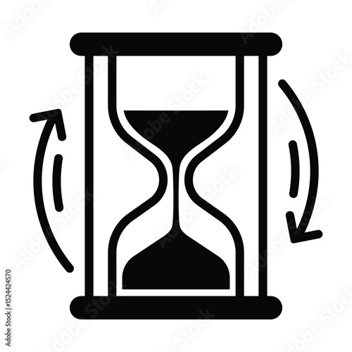 Minimalist black and white hourglass icon, isolated. Classic shape with two bulbs, narrow neck. Sand flows in circular motion lines. Symbolizes time passing, time management. Clean, symbolic.