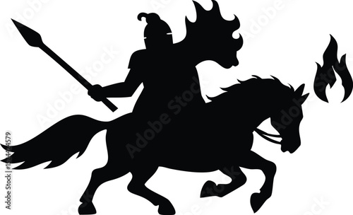 Silhouette of Warrior on Horseback Holding Spear and Flaming Torch