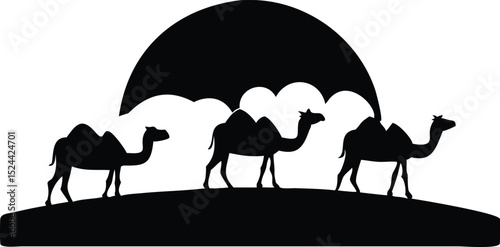 Desert Camel Silhouette with Sunset and Clouds – Nomadic Journey Vector Scene