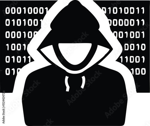 Hacker in Hoodie Silhouette with Binary Code Background Icon