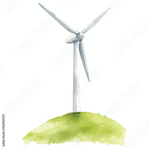 Watercolor Wind Turbine on Gentle Hilltop