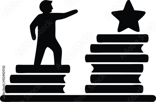 Man Reaching for Star Standing on Book Stack Silhouette Icon