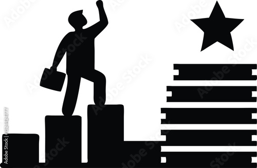 Businessman Climbing Bar Graph Toward Star Success Icon Silhouette
