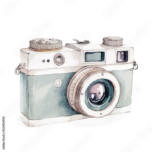 Watercolor Vintage Camera with Textured Details and Reflective Lens