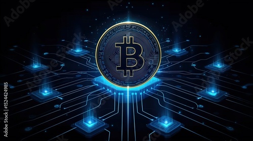 Wallpaper Mural Glowing bitcoin symbol at the center of a digital blockchain network. Futuristic and high-tech representation of cryptocurrency, finance, and decentralization. Torontodigital.ca