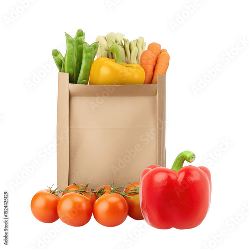 Fresh Organic Vegetables in a Paper Bag Including Tomatoes, Peppers, Carrots, Green Beans and Mushrooms Perfect for Healthy Cooking and Meal Preparation