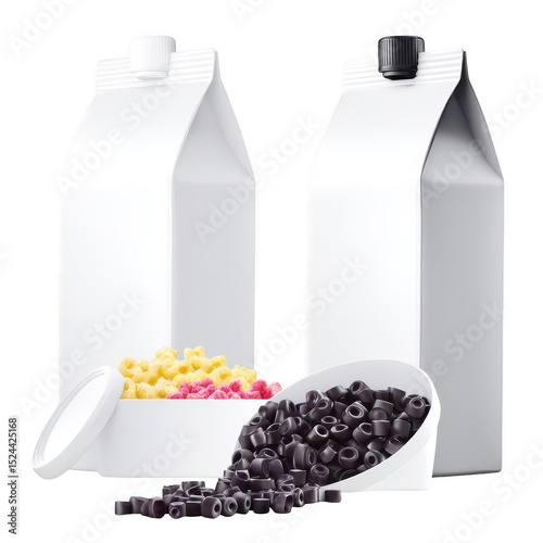 Colorful breakfast cereal displayed in white cartons with candy-like shapes and a bowl filled with dark chocolate-colored cereal beads on a white background