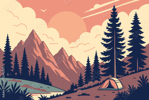 scenic sunset mountainous landscape, a person hiking with backpack in the foreground, birds in flight in the sky, geometric stylized trees and foliage, vibrant warm color palette