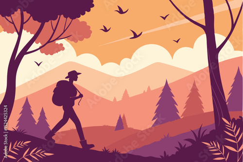 scenic sunset mountainous landscape, a person hiking with backpack in the foreground, birds in flight in the sky, geometric stylized trees and foliage, vibrant warm color palette