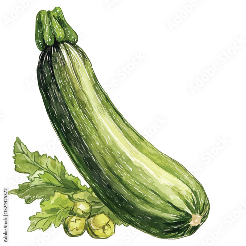 Watercolor Zucchini with Blossoms and Leaves Detailed Green Vegetable Art