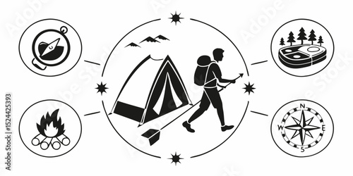 Camping and Outdoor Adventure Icon Set – Black Silhouette Vector Glyphs of Tent, Backpack, Hiking, Campfire, and Travel Exploration

