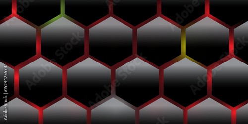 Dark hexagon abstract technology background with blue and green colored bright flashes under hexagon. Hexagonal gaming vector tech illustration black abstract background.