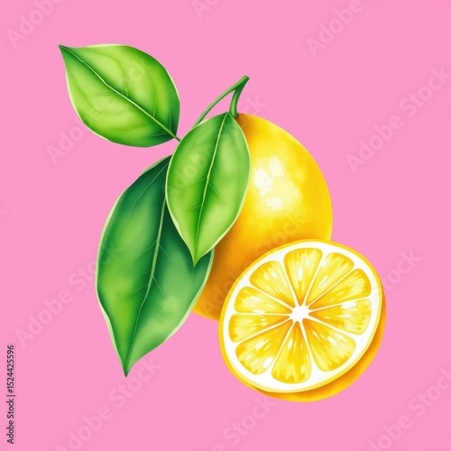 Lemons with leaves on the pink background