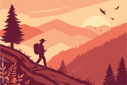 scenic sunset mountainous landscape, a person hiking with backpack in the foreground, birds in flight in the sky, geometric stylized trees and foliage, vibrant warm color palette