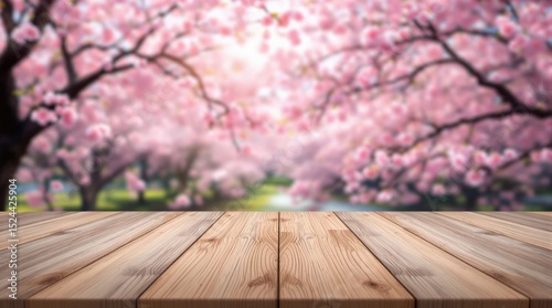 Wooden table with blurred pink sakura background