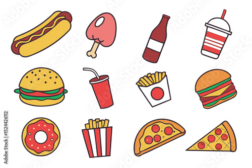 Colorful cartoon illustrations of various delicious fast food items on white background