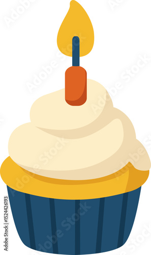 Cupcake Delight: A vibrantly colored cupcake with a single lit candle, an illustration perfect for celebrations, birthdays, and adding a touch of sweetness to any design.
