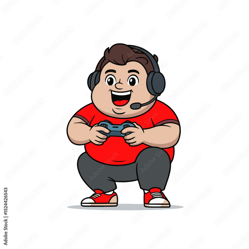 a vector illustration of a cartoon character of boy with big smile playing a video game a vector illustration of a cartoon character of boy with big smile playing a video game