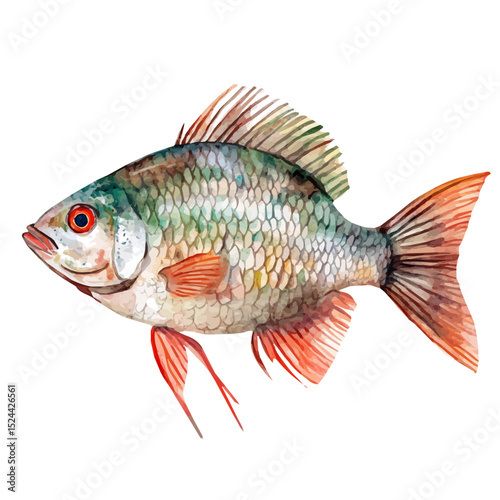 Tilapia Close Up, watercolor illustration vector, high quality, isolated on a white background.