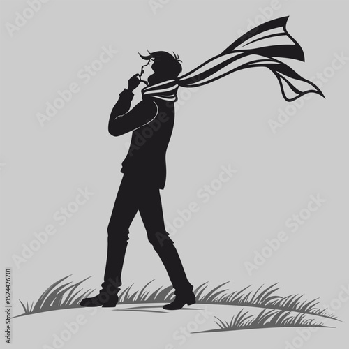 a person adjusting a scarf in wind silhouette vector design art and illustration