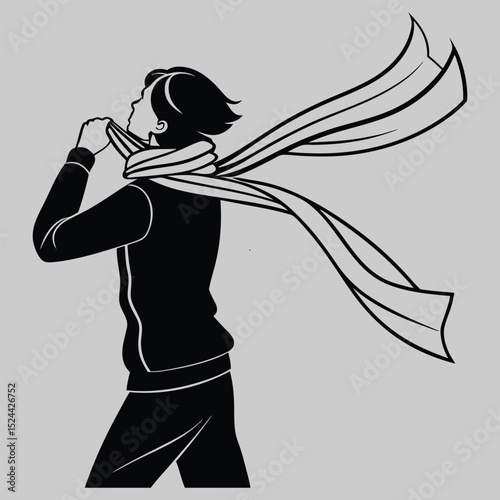 a person adjusting a scarf in wind silhouette vector design art and illustration